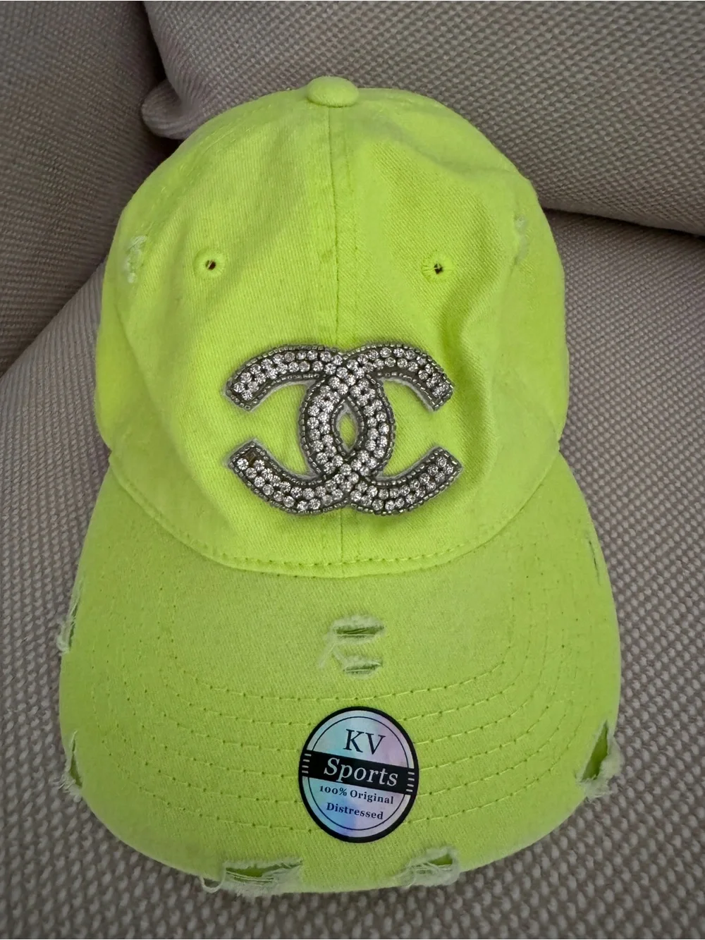 CHANEL Neon Yellow Rhinestone CC Logo Baseball Cap